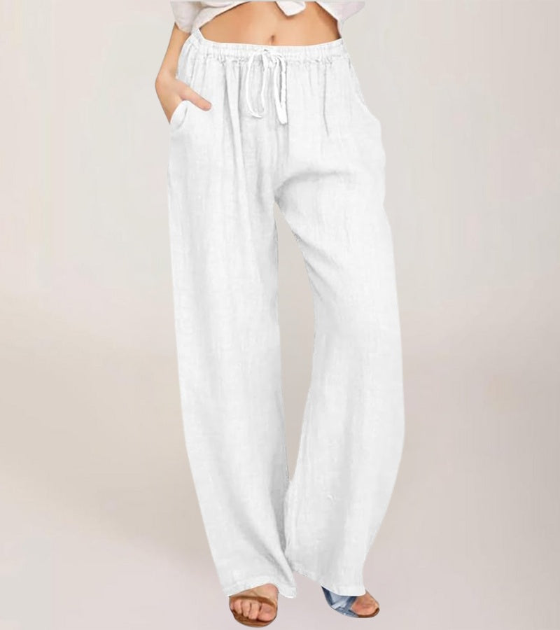 Pantalon large femme beige en lin, taille haute, décontracté et frais pour l'été et les vacances.