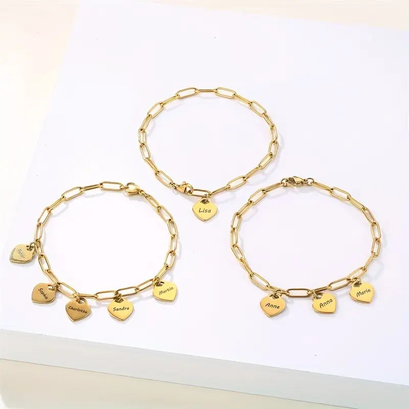 Bijou femme acier inoxydable: bracelet cœurs gravés pour personnalisation, élégant et durable.