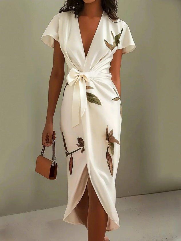 Robe portefeuille élégante midi pour femme, imprimé floral, manches courtes. Parfaite pour soirées ou occasions spéciales.