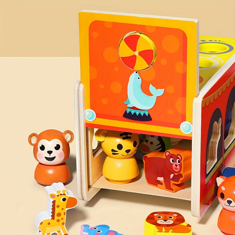 Jouet éducatif pour enfants: camion de cirque avec animaux en bois, parfait pour la motricité et l'apprentissage.