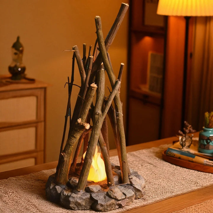 Lampe rustique GlowWood naturelle. Éclairage LED, base bois et pierres. Ambiance unique.