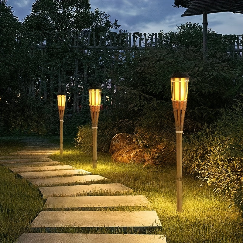 Lampe solaire en bambou, flamme LED, éclairage chaleureux pour jardin et terrasse.