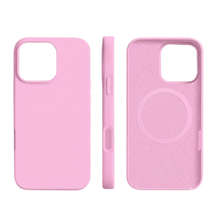 Coque iPhone 15 MagSafe violette, silicone mat, résistant aux chutes.
