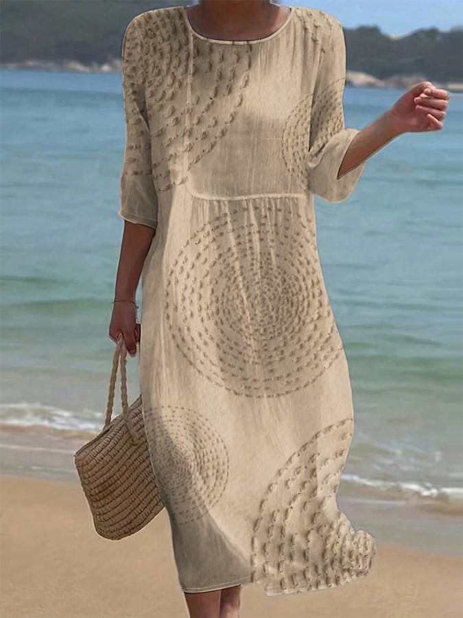 Robe midi été femme décontractée en coton lin fluide, motif texturé. Manches 3/4, confort et respirabilité.