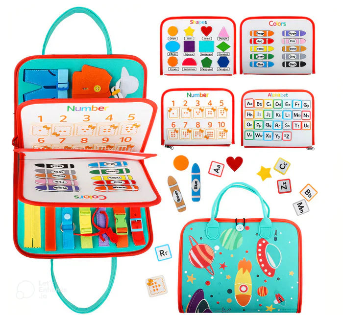 Tableau d'activités Montessori portable, idéal pour le développement et l'éveil de l'enfant en voyage.