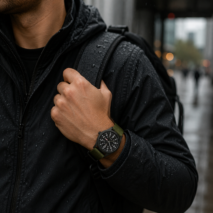 Vue latérale de la montre homme polyvalente, design moderne avec couronne crantée.