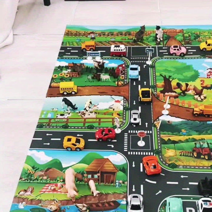 Tapis de jeu enfant DuoPlay côté ferme, scènes détaillées pour jeu de rôle et découverte des animaux.