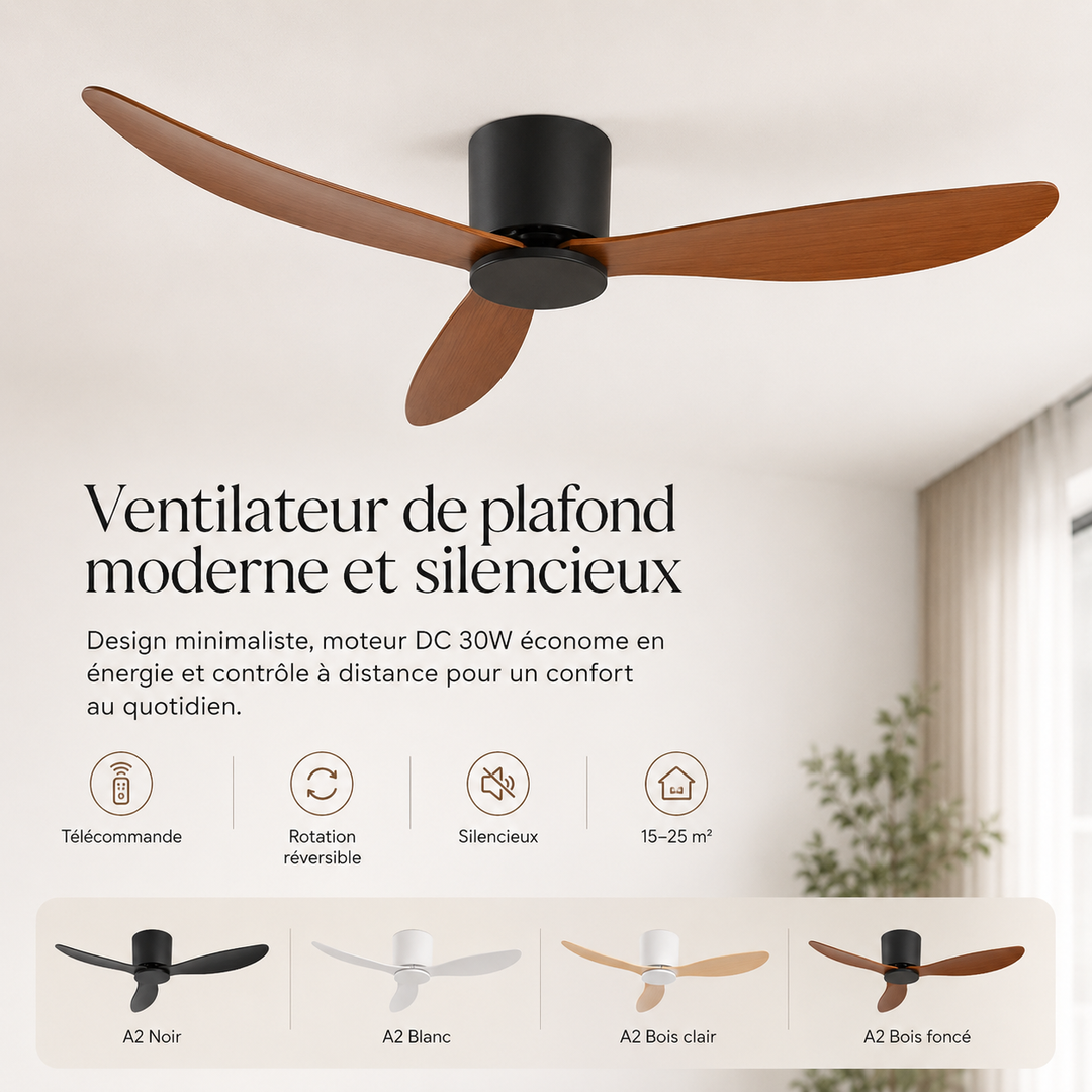 Vue d'un ventilateur Virellona installé dans une chambre, offrant lumière LED et confort.