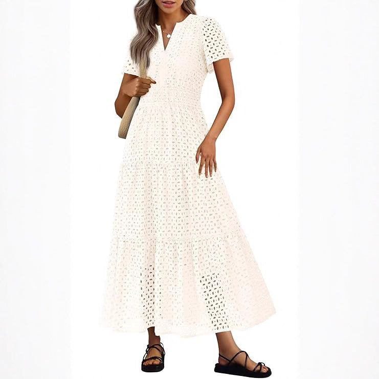 Élégante robe maxi fluide pour femme, style décontracté de plage, col V.