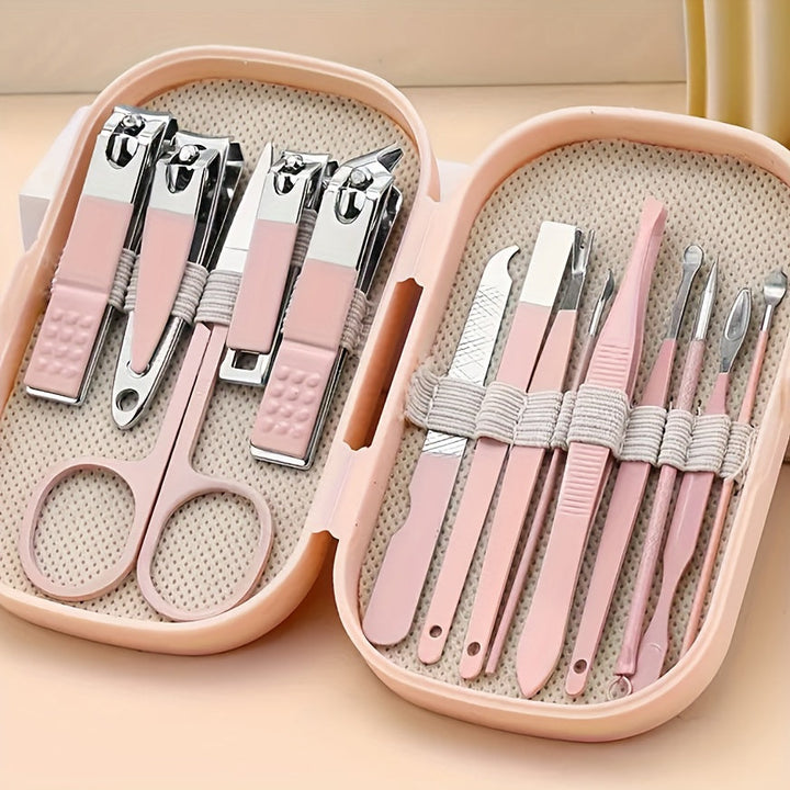 Set de manucure pédicure 14 outils en acier, incluant coupe-ongles professionnel pour soins et hygiène des ongles.