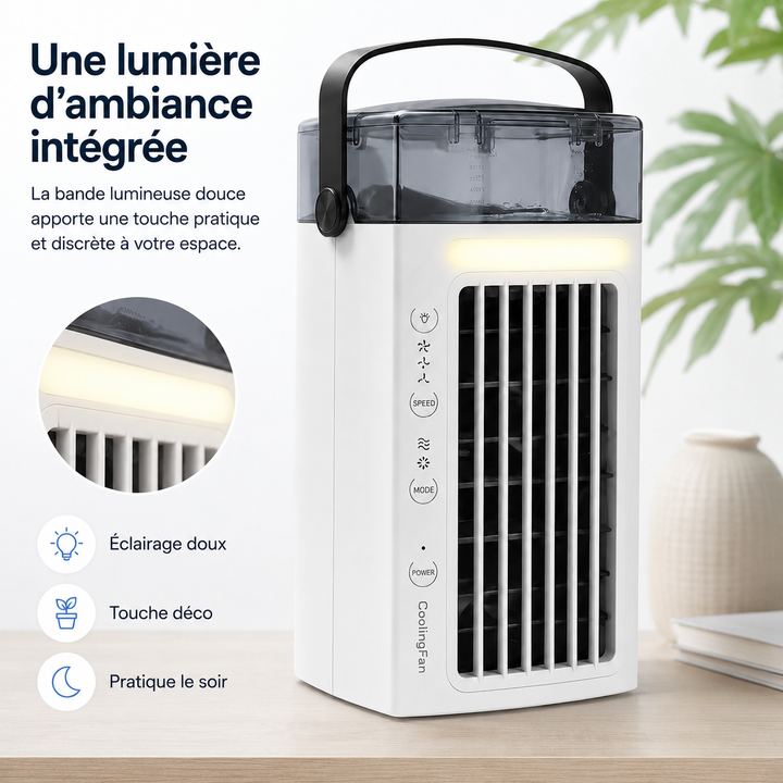 Mini climatiseur, ventilateur et humidificateur portable avec lumières LED pour une ambiance fraîche.