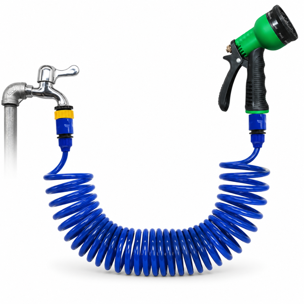 Tuyau de jardin compact avec raccords rapides, arrosage facile et sans effort pour l'extérieur.