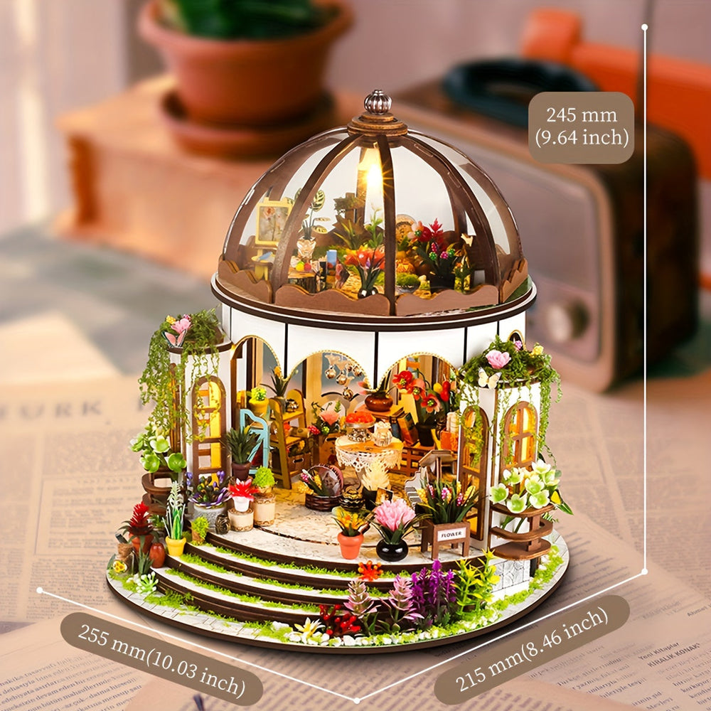 Puzzle bois 3D lumineux, maison miniature avec éclairage LED intégré et jardin floral détaillé.