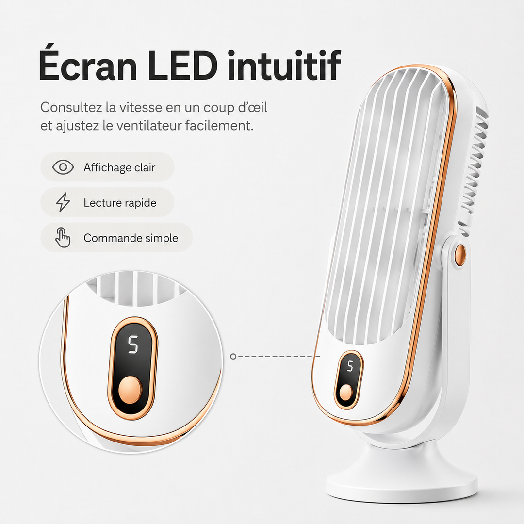 Ventilateur portable AeroLux silencieux pour la maison, USB rechargeable, rafraîchit l'été.