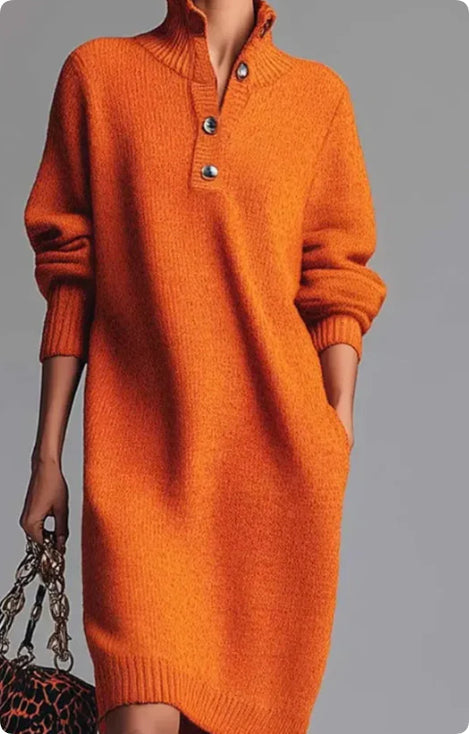 Robe pull décontractée femme, col montant avec boutons, manches longues. Tendance automne hiver.