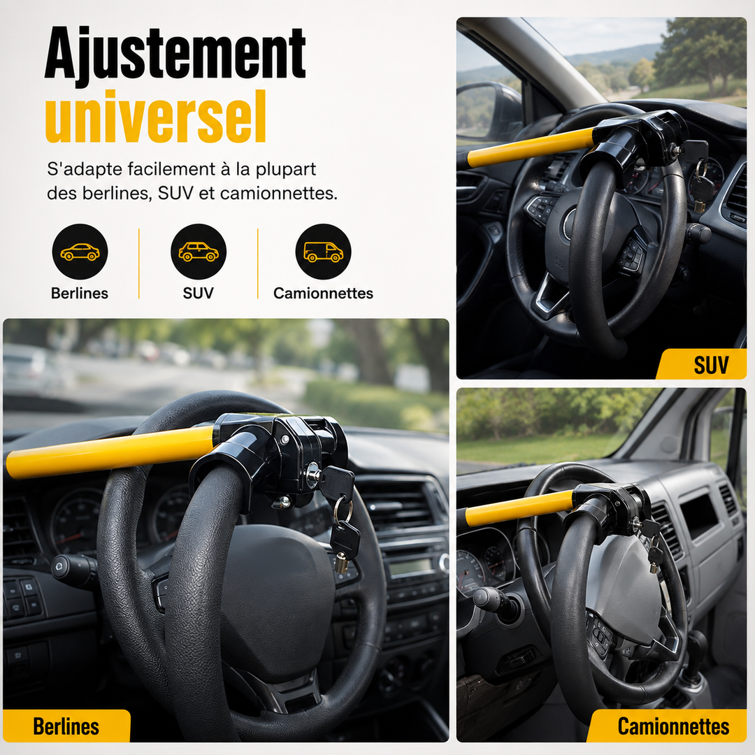 Accessoire auto essentiel: antivol volant robuste pour une protection maximale du véhicule.