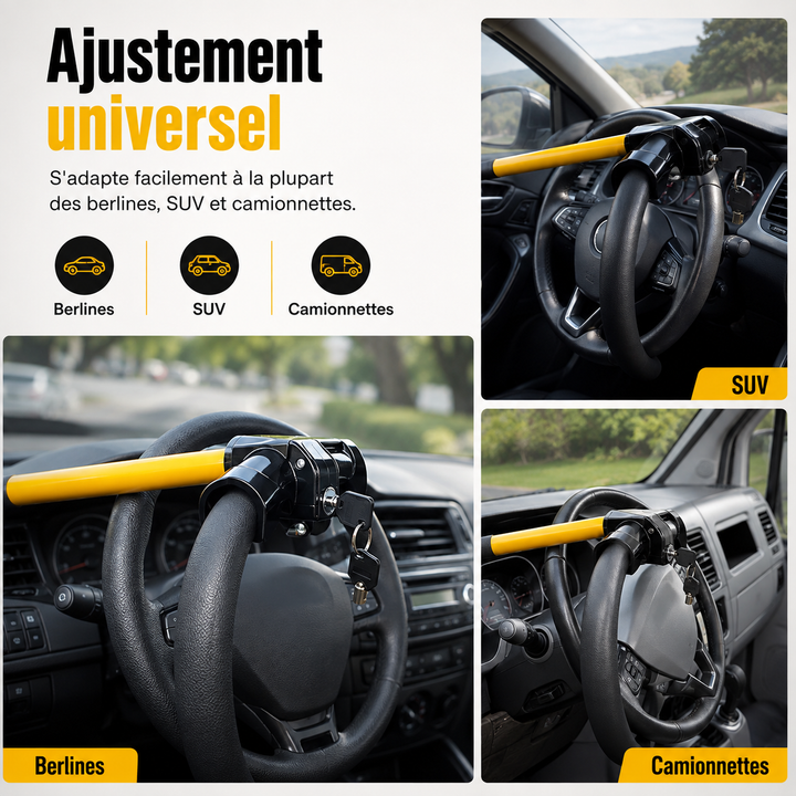 Accessoire auto essentiel: antivol volant robuste pour une protection maximale du véhicule.