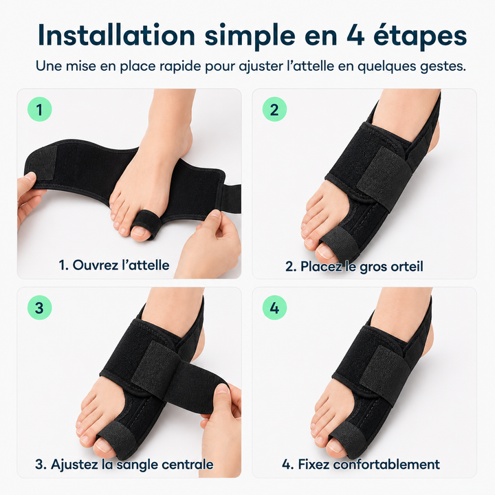 Détail de l'attelle de nuit Hallux Valgus, montrant son matériau souple et son design ergonomique pour la santé du pied.