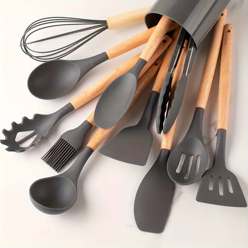 Ustensiles de cuisine en silicone avec support, organisateur parfait pour votre plan de travail.