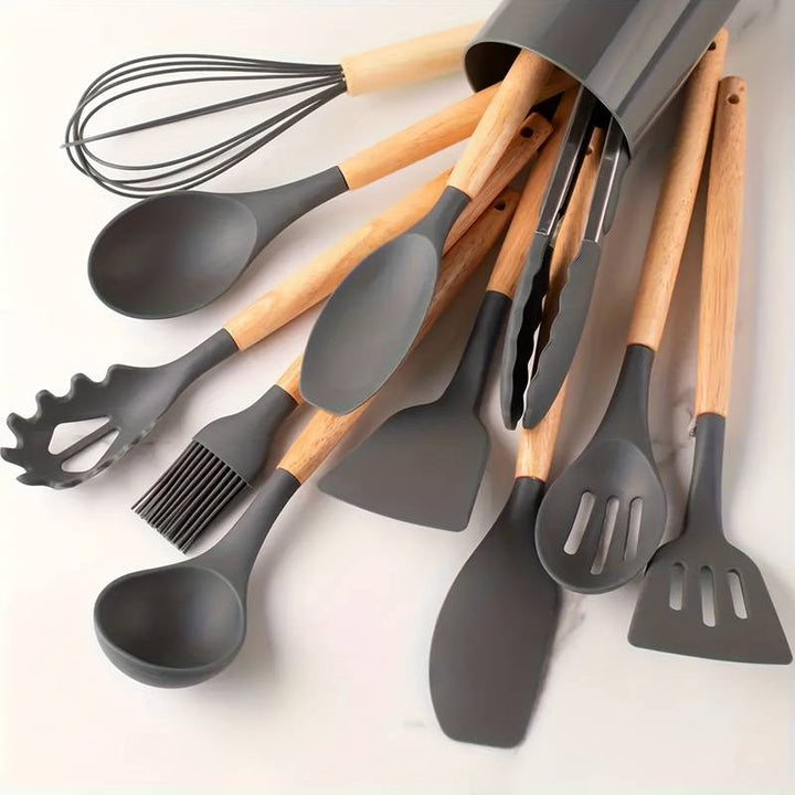 Ustensiles de cuisine en silicone avec support, organisateur parfait pour votre plan de travail.