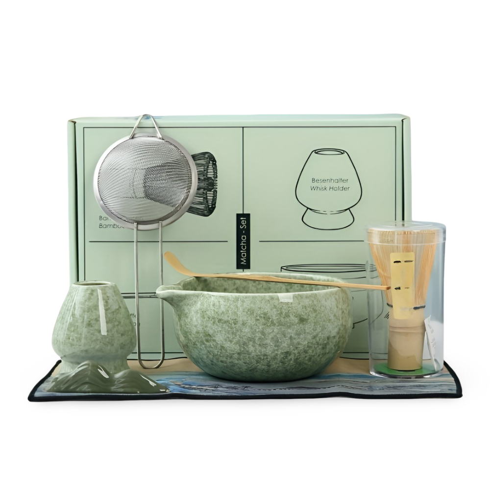Set de cérémonie matcha 7 pièces avec bol 450ml et bec verseur. Kit complet pour thé japonais.