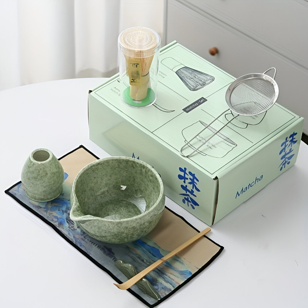 Coffret cadeau matcha japonais 7 ustensiles, bol 450ml. Idée cadeau parfaite pour amateurs de thé.