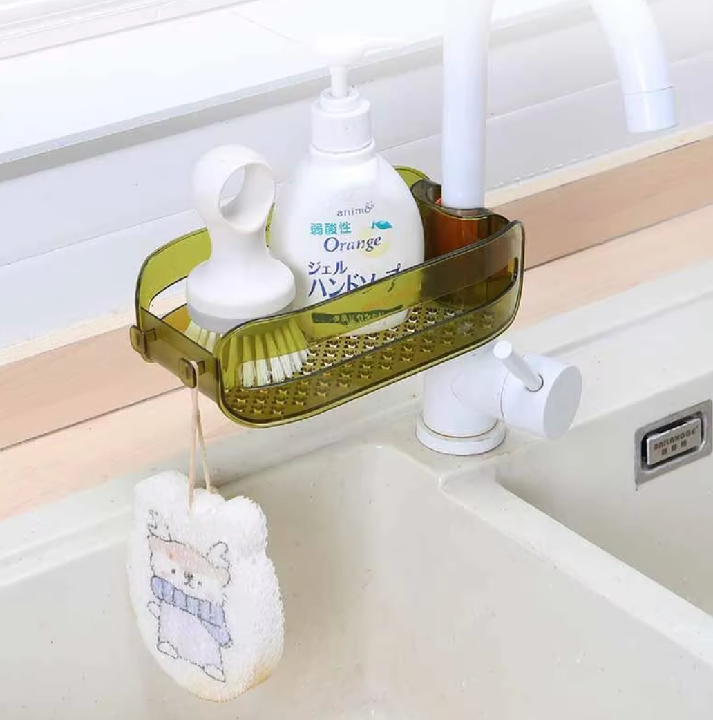 Organisateur d'évier en plastique ABS résistant, fixation murale sans perçage. Rangement astucieux pour cuisine et bain.