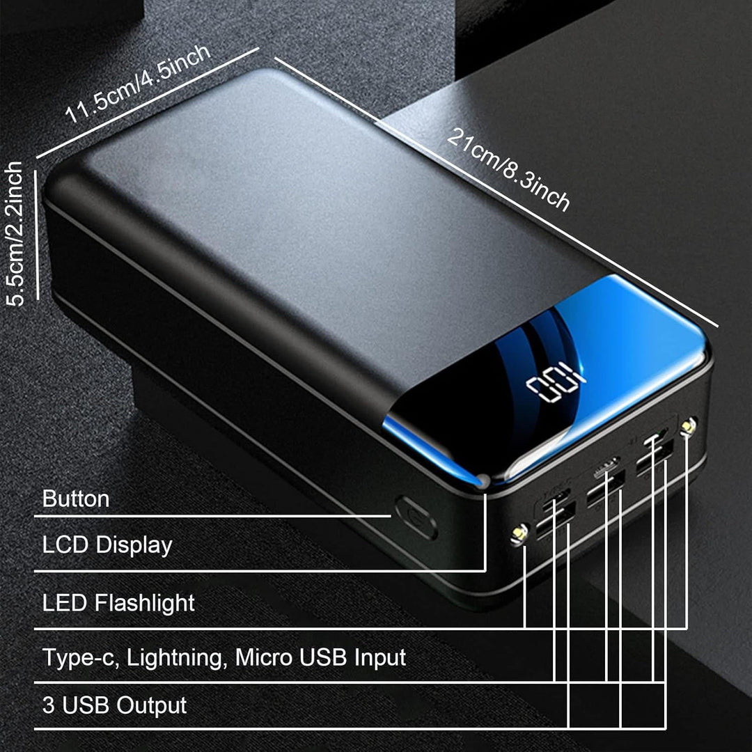 Powerbank 50000mAh chargeant un smartphone via USB, offrant une autonomie prolongée pour vos accessoires mobiles.