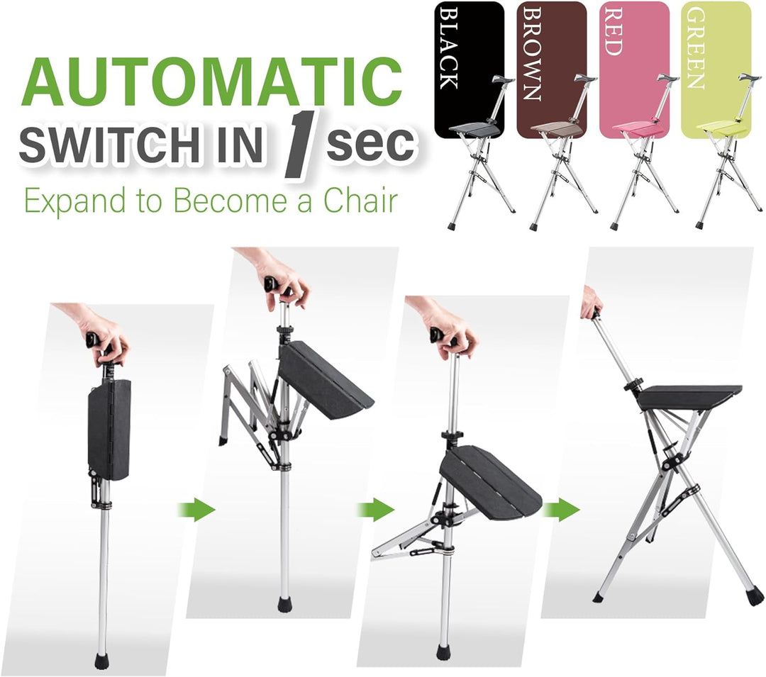 Bâton de marche ergonomique et siège pliant robuste. Assure confort et stabilité lors de vos pauses.