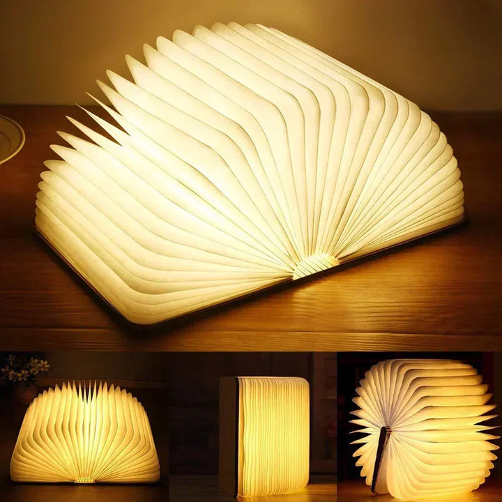 Lampe de lecture LED StoryGlow en bois, design pliable et rechargeable, lumière chaude pour intérieur.