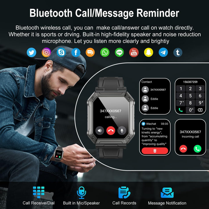 Smartwatch robuste homme avec écran clair affichant données de fitness, notifications et appels.