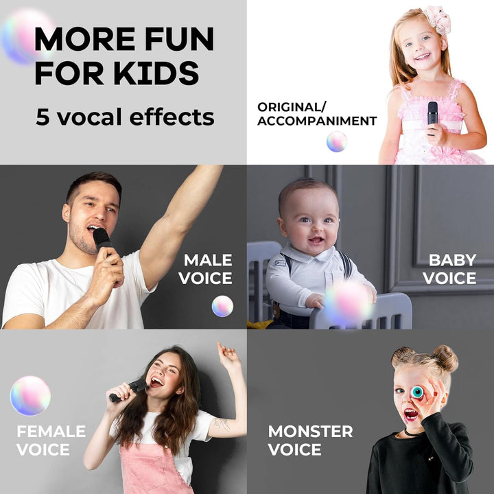 Mini karaoké enfant avec 2 micros sans fil dans sa boîte cadeau, idéal pour un anniversaire musical.