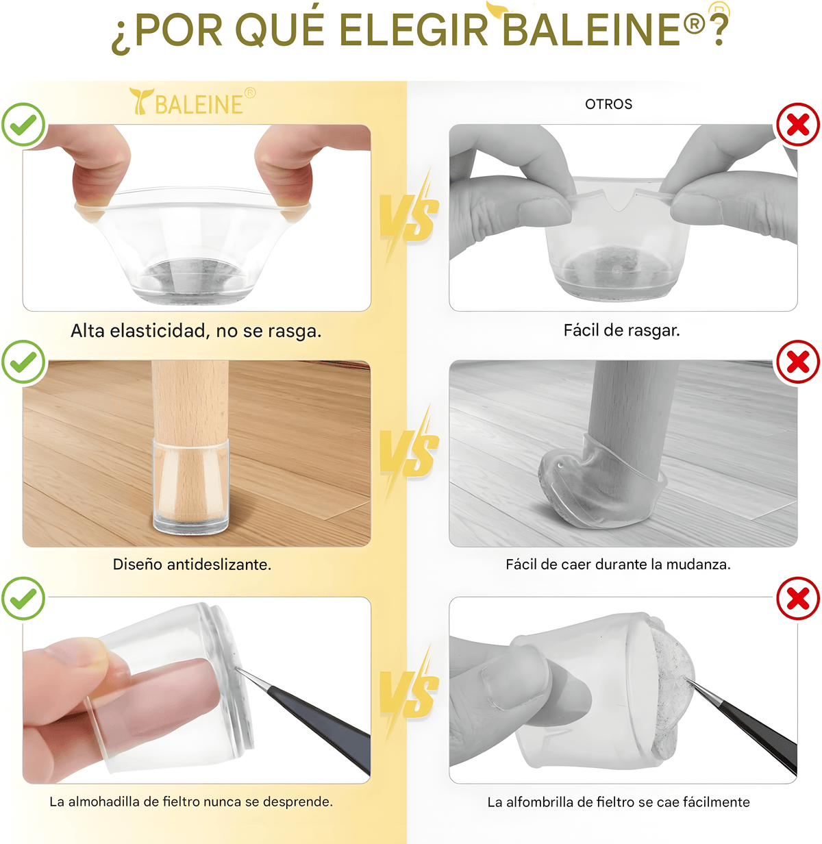 BALEINE PROTECTORES DE SILICONA PARA PATAS DE SILLA – ANTIDESLIZANTES Y SILENCIOSOS (TRANSPARENTE, 16 UNIDADES)