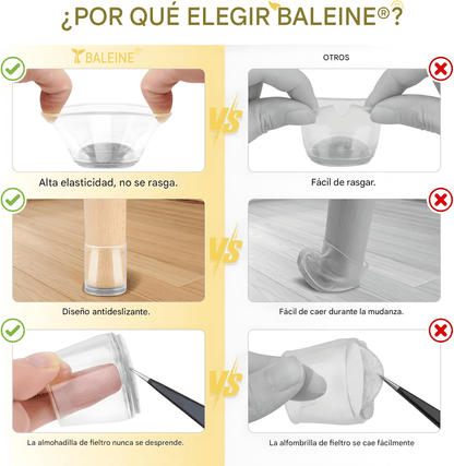 BALEINE PROTECTORES DE SILICONA PARA PATAS DE SILLA – ANTIDESLIZANTES Y SILENCIOSOS (TRANSPARENTE, 16 UNIDADES)