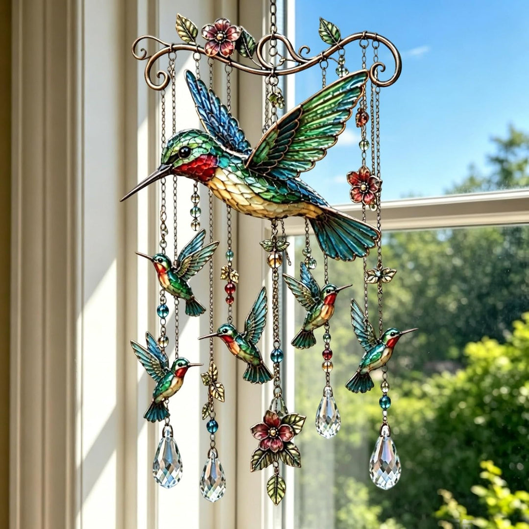 Carillon lumineux en cristal colibri pour extérieur, transforme la lumière du soleil en éclat.