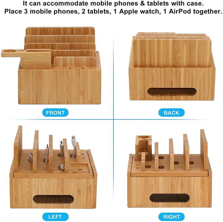 Organisateur de charge en bambou naturel. Support téléphone écologique pour votre technologie.