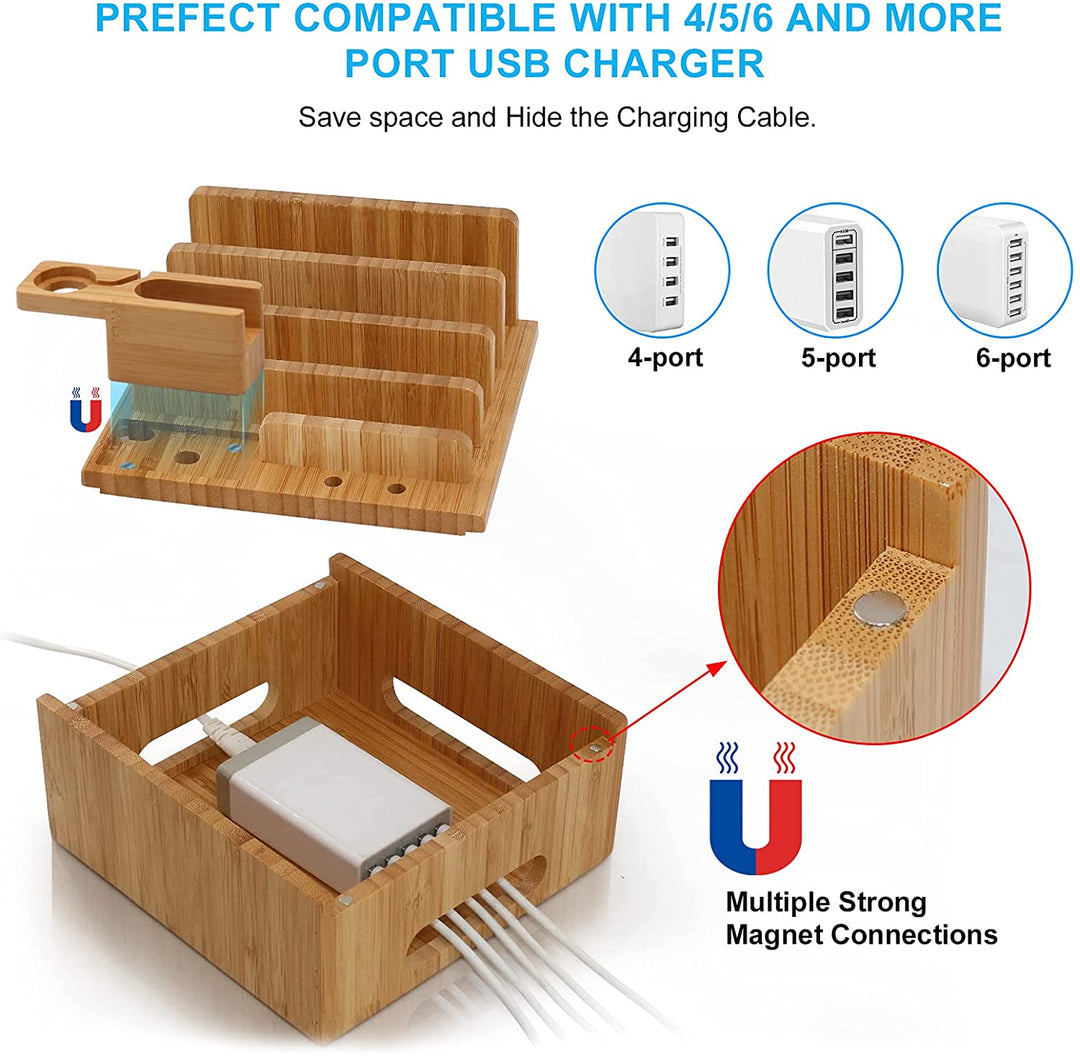 Support de bureau en bambou pour recharger et organiser vos appareils. Idéal pour maison ou bureau.