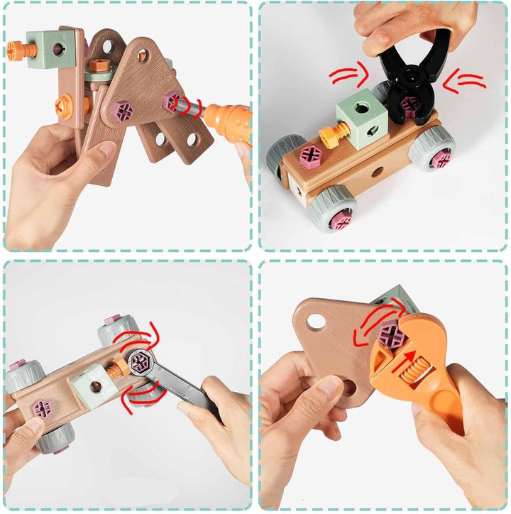 Enfant jouant avec son kit d'outils de construction. Jeu de rôle créatif et éducatif en plastique ABS.