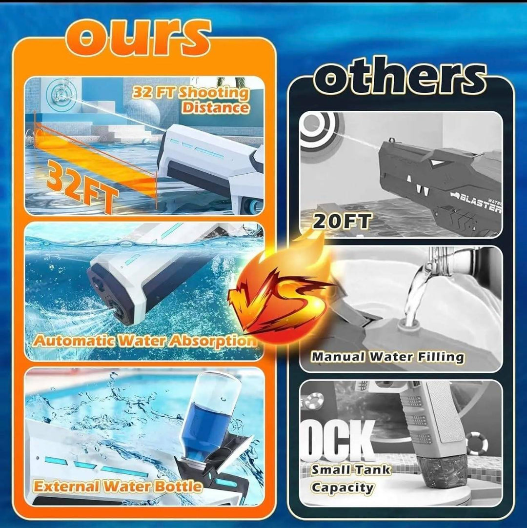 Enfant actif courant avec son pistolet à eau électrique, créant des éclaboussures. Jouet d'été pour l'aventure aquatique.