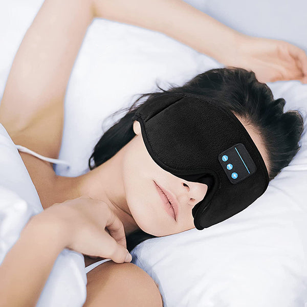 Masque de sommeil Bluetooth SereniTune noir, anti-lumière et confortable pour la relaxation et les voyages.