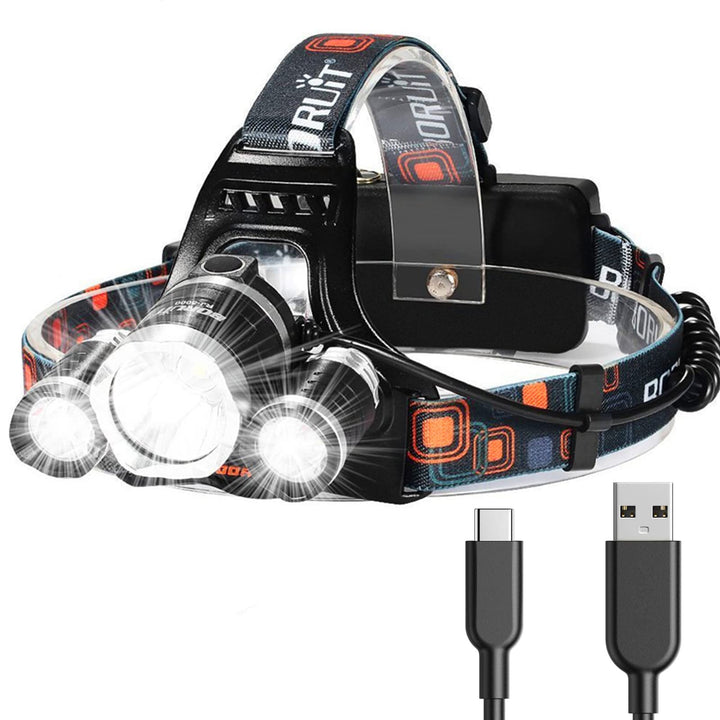 Lampe frontale LED rechargeable 20000 lumens étanche pour camping, randonnée et activités nocturnes.