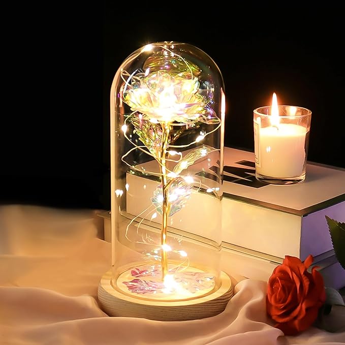 Lampe de chevet LED avec rose éternelle sous dôme, design élégant pour une chambre à coucher romantique.