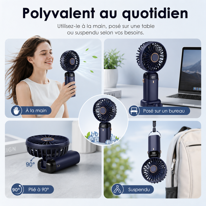 Ventilateur de bureau compact et rechargeable 5000mAh. Profitez d'une fraîcheur silencieuse en tout lieu.