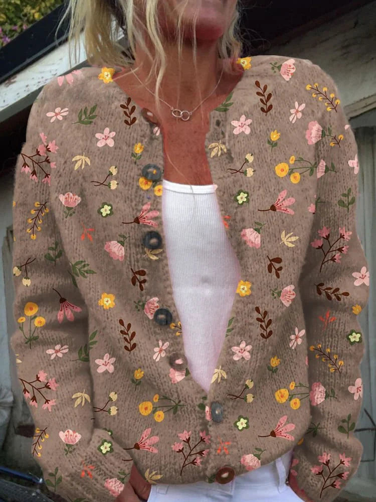 Gilet femme élégant motif floral, texture douce. Vêtement chic et polyvalent avec col rond.