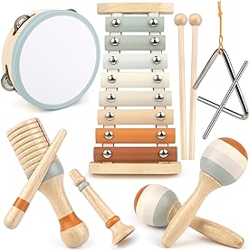 Jouet éducatif Montessori avec xylophone en bois et instruments variés, idéal pour développer la motricité des enfants.
