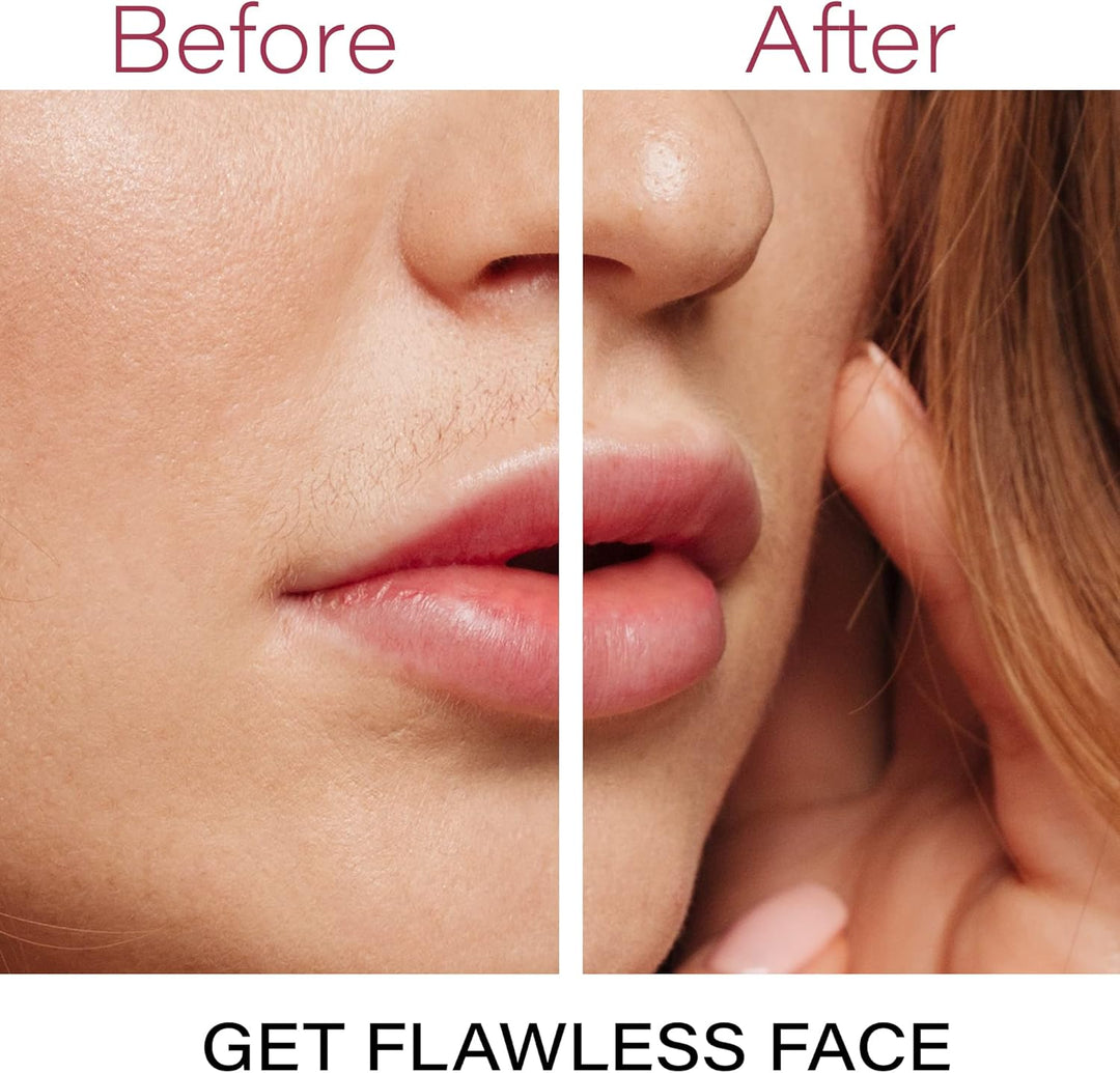 Femme souriante avec une peau lisse, après l'utilisation de l'épilateur visage.