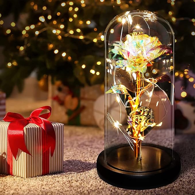 Objet décoratif unique: lampe de table LED rose éternelle, une lumière douce sous un dôme de verre.