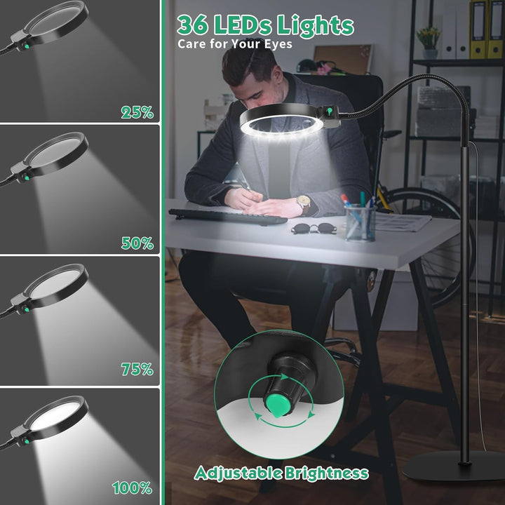 Loupe de bureau LED mains libres pour seniors, facilite lecture, travail minutieux et loisirs créatifs.