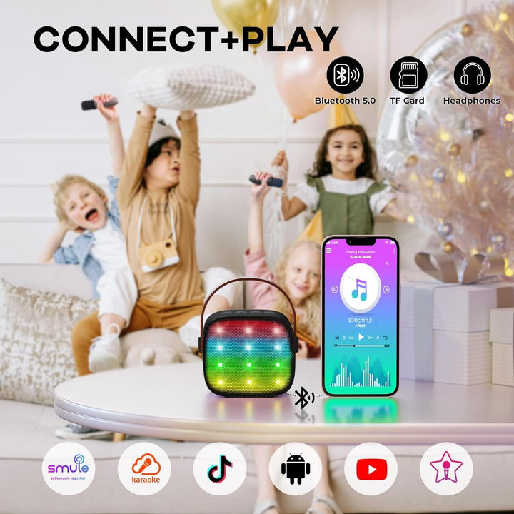 Le set karaoké portable inclut l'enceinte, 2 micros sans fil et câble de charge, prêt pour la musique.