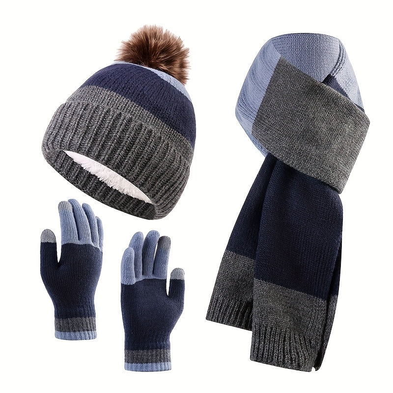Détail du tricot chaud de l'ensemble hiver unisexe : bonnet, écharpe et gants. Douceur et chaleur garanties.